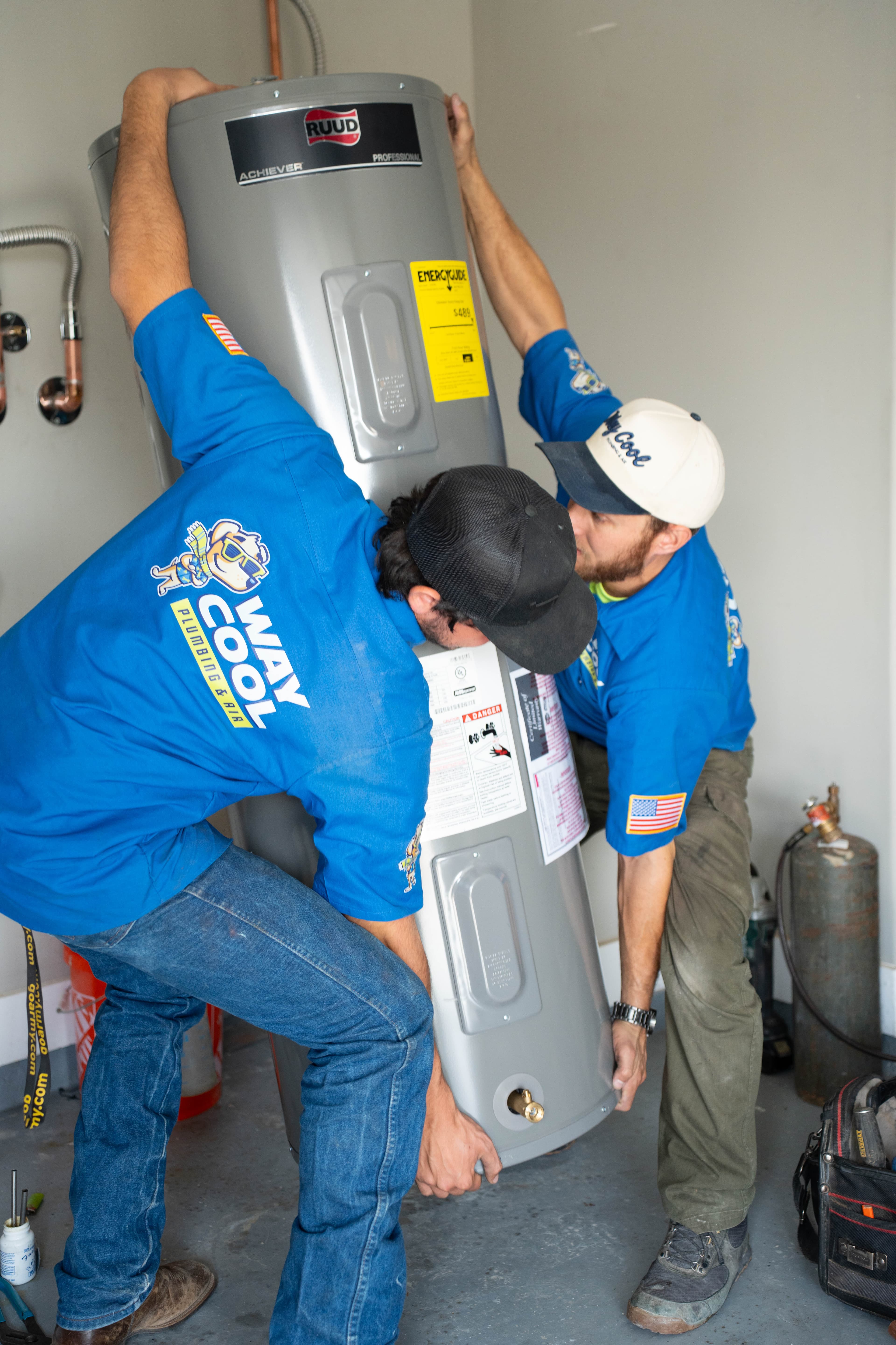 Vertical water heater install close-up